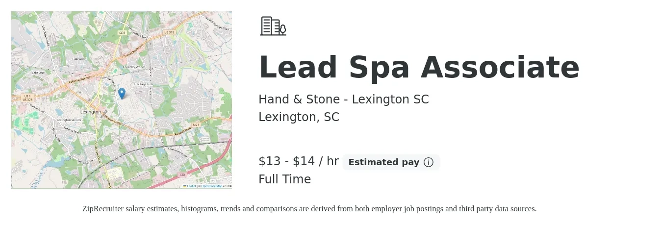 Hand & Stone - Lexington SC job posting for a Lead Spa Associate in Lexington, SC with a salary of $14 to $15 Hourly with a map of Lexington location.