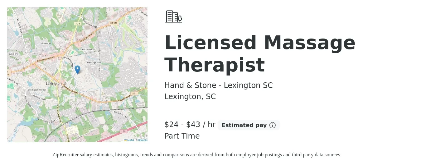Hand & Stone - Lexington SC job posting for a Licensed Massage Therapist in Lexington, SC with a salary of $25 to $45 Hourly with a map of Lexington location.