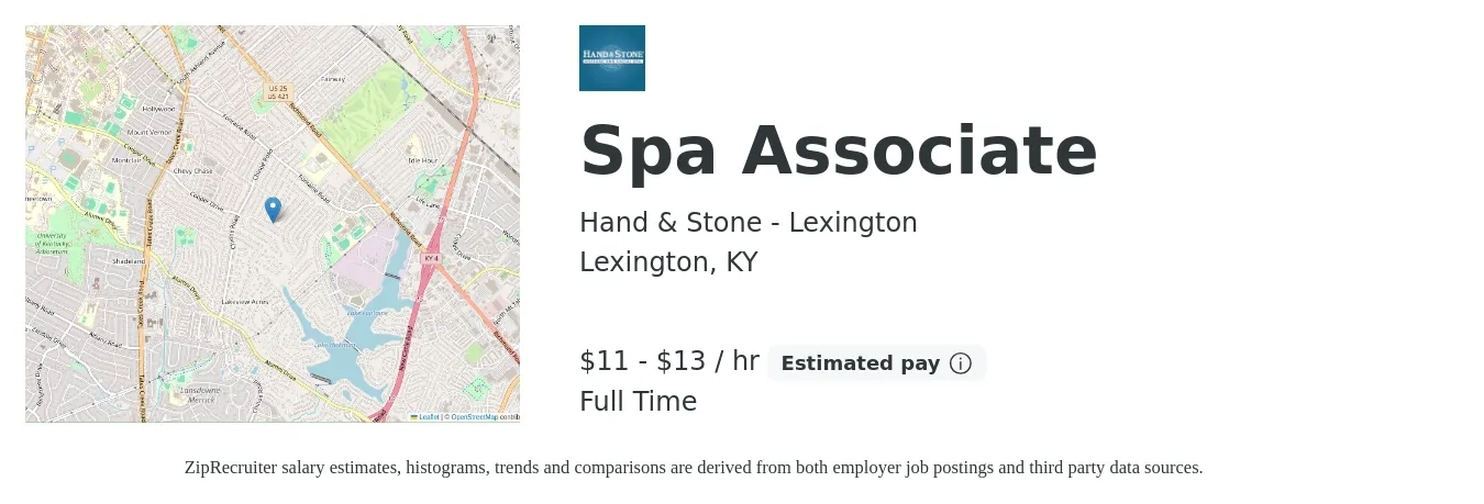 Hand & Stone - Lexington job posting for a Spa Associate in Lexington, KY with a salary of $12 to $14 Hourly with a map of Lexington location.