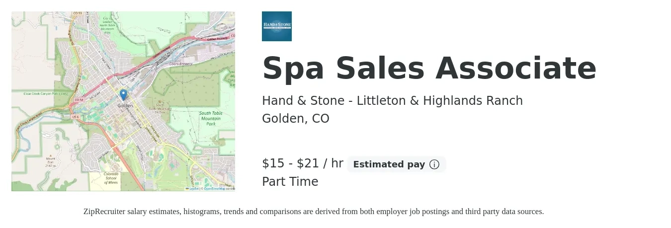 Hand & Stone - Littleton & Highlands Ranch job posting for a Spa Sales Associate in Golden, CO with a salary of $16 to $22 Hourly with a map of Golden location.