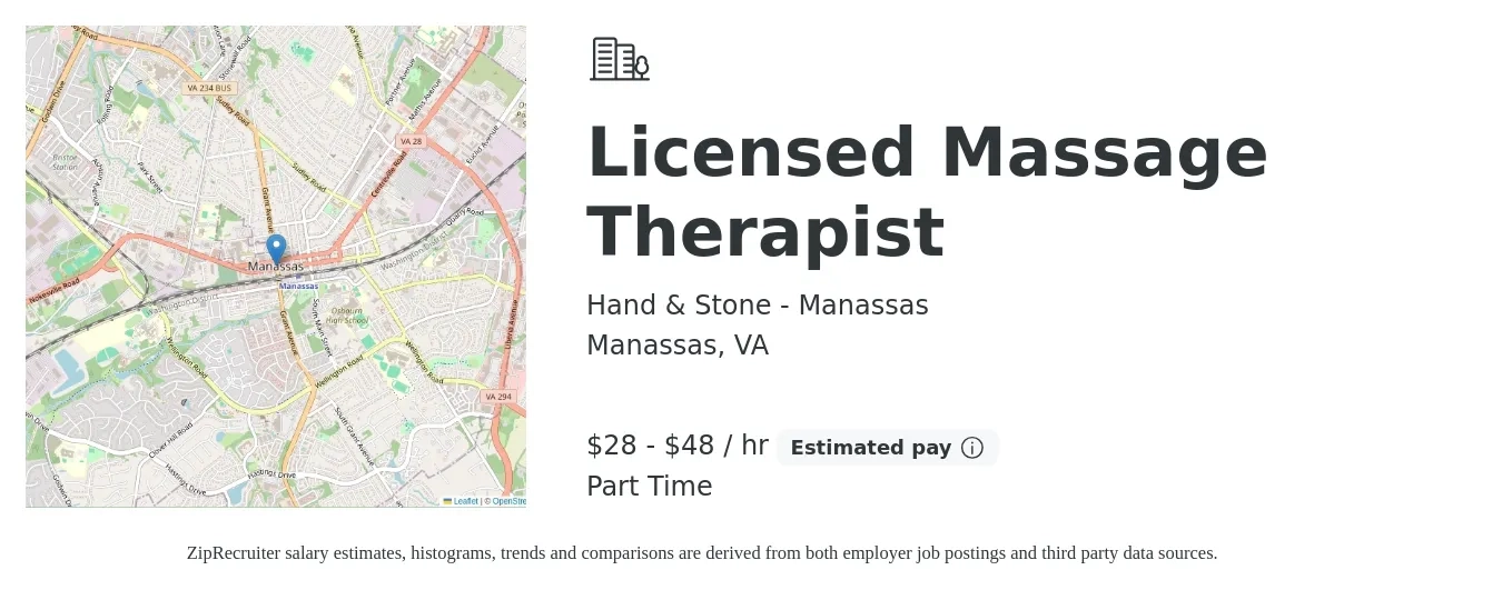 Hand & Stone - Manassas job posting for a Licensed Massage Therapist in Manassas, VA with a salary of $30 to $50 Hourly with a map of Manassas location.