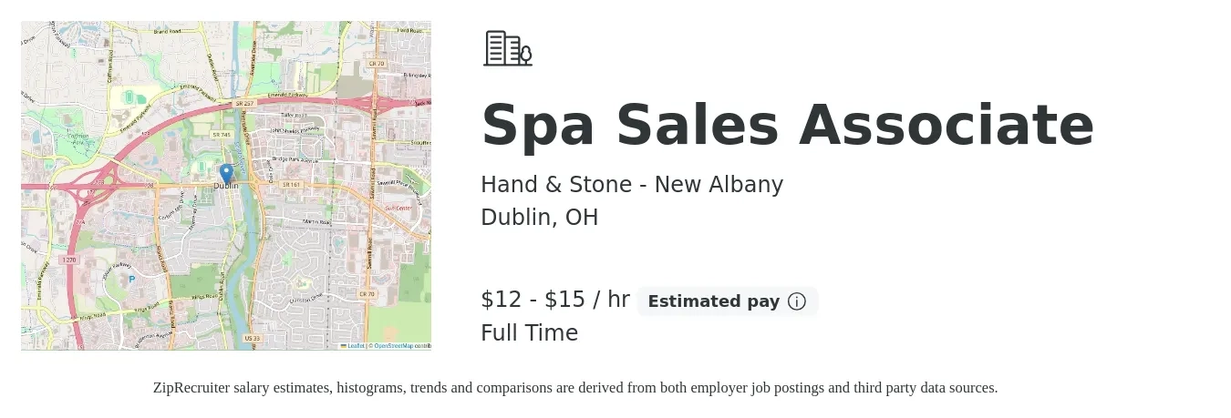 Hand & Stone - New Albany job posting for a Spa Sales Associate in Dublin, OH with a salary of $13 to $16 Hourly with a map of Dublin location.