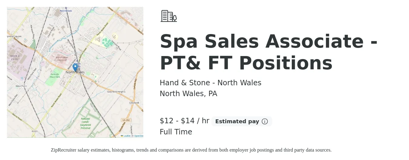 Hand & Stone - North Wales job posting for a Spa Sales Associate - PT& FT Positions in North Wales, PA with a salary of $13 to $15 Hourly with a map of North Wales location.