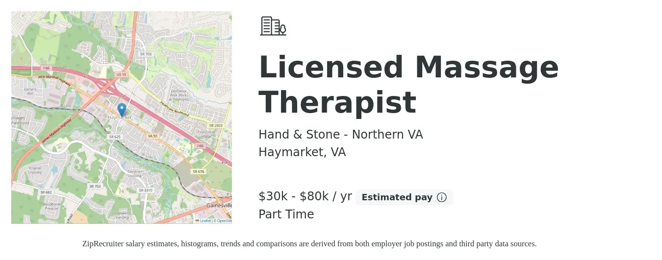 Hand & Stone - Northern VA job posting for a Licensed Massage Therapist in Haymarket, VA with a salary of $45 to $60 Hourly with a map of Haymarket location.