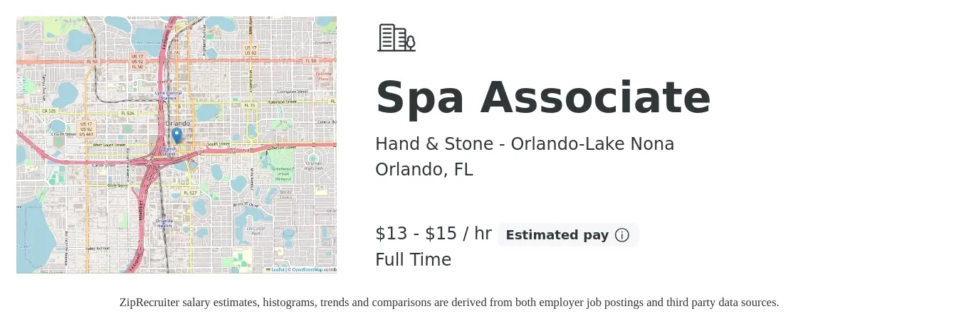 Hand & Stone - Orlando-Lake Nona job posting for a Spa Associate in Orlando, FL with a salary of $14 to $16 Hourly with a map of Orlando location.