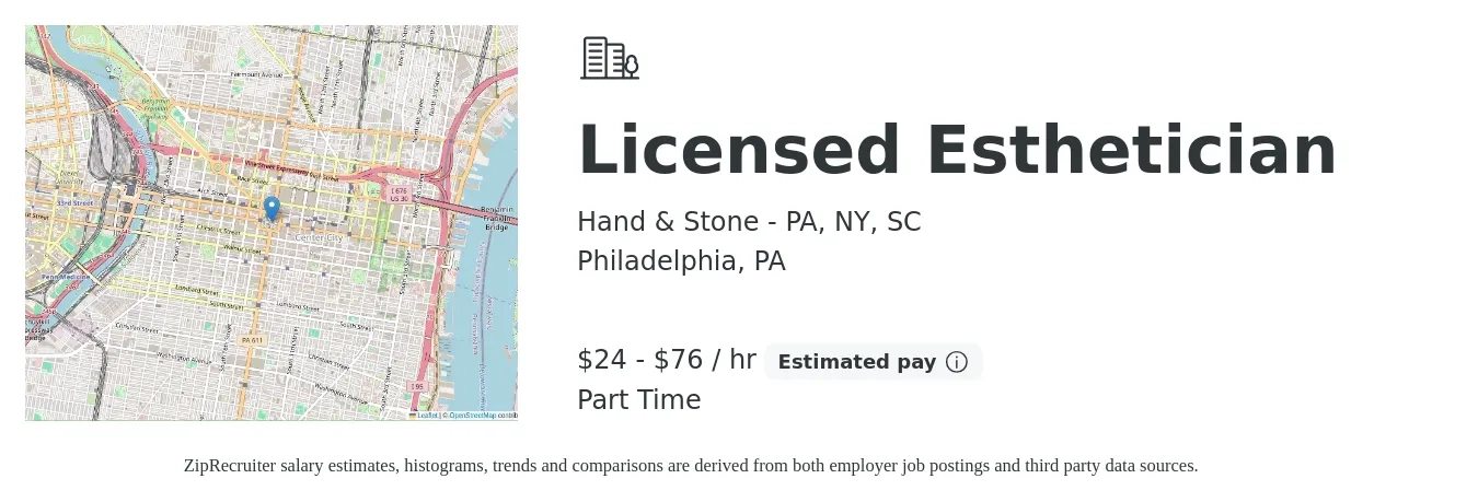 Hand & Stone - PA, NY, SC job posting for a Licensed Esthetician in Philadelphia, PA with a salary of $25 to $80 Hourly with a map of Philadelphia location.