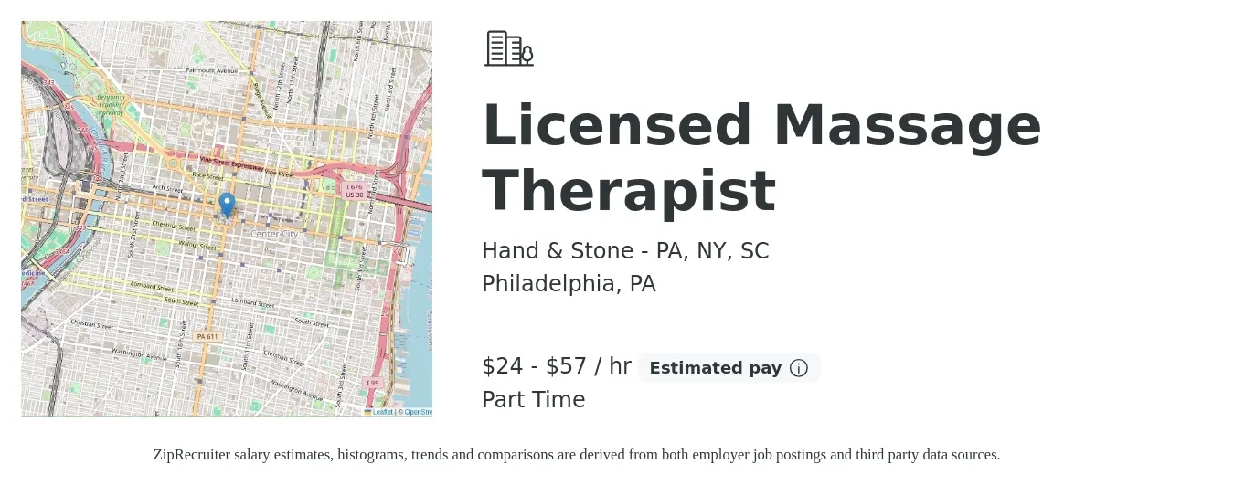Hand & Stone - PA, NY, SC job posting for a Licensed Massage Therapist in Philadelphia, PA with a salary of $40 to $100 Hourly with a map of Philadelphia location.