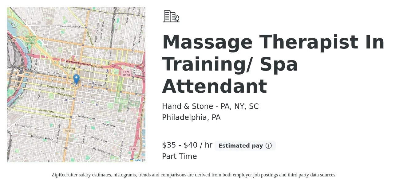 Hand & Stone - PA, NY, SC job posting for a Massage Therapist In Training/ Spa Attendant in Philadelphia, PA with a salary of $37 to $42 Hourly with a map of Philadelphia location.
