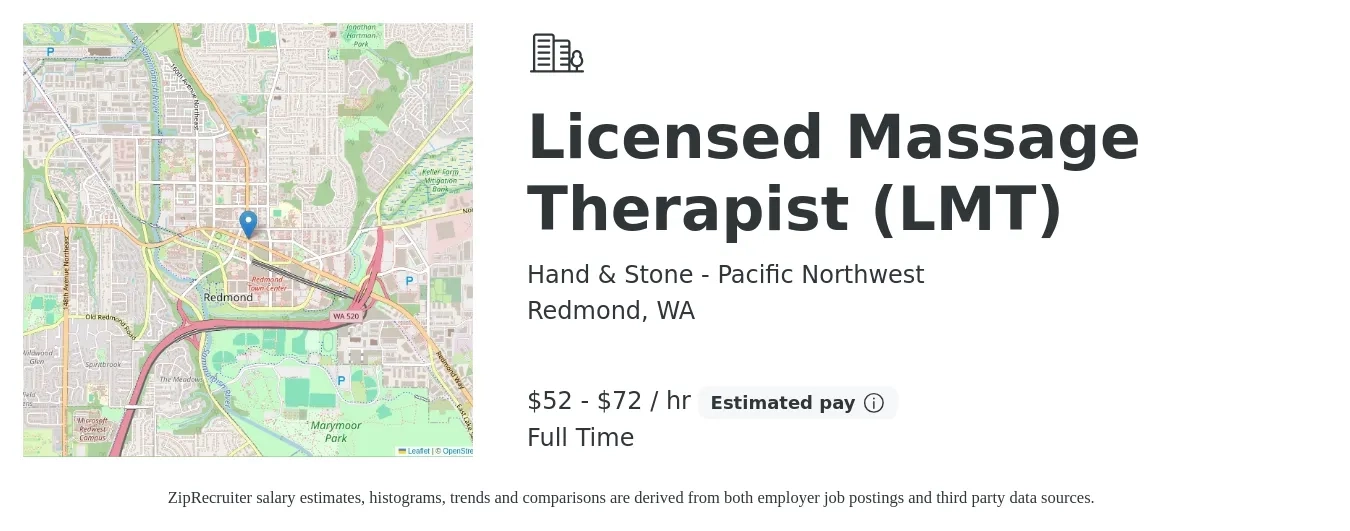 Hand & Stone - Pacific Northwest job posting for a Licensed Massage Therapist (LMT) in Redmond, WA with a salary of $55 to $75 Hourly with a map of Redmond location.