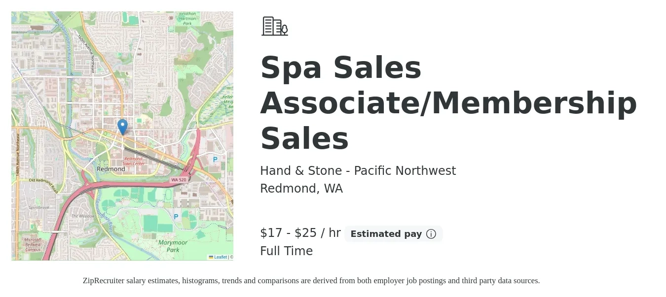 Hand & Stone - Pacific Northwest job posting for a Spa Sales Associate/Membership Sales in Redmond, WA with a salary of $18 to $27 Hourly with a map of Redmond location.