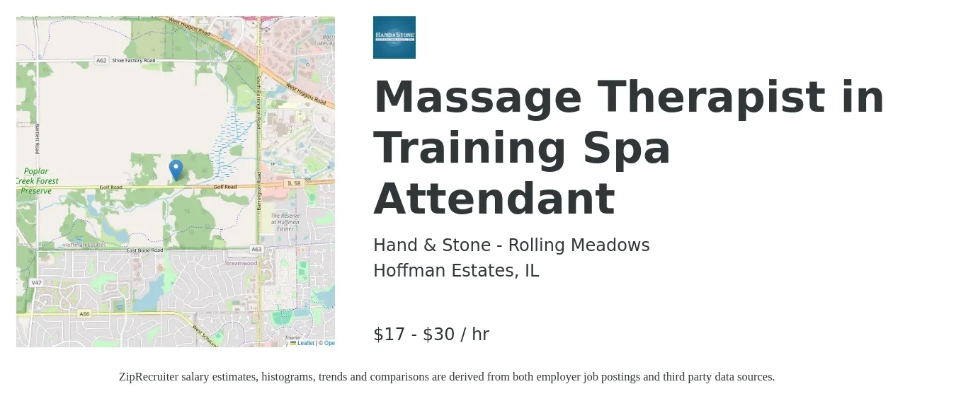 Hand & Stone - Rolling Meadows job posting for a Massage Therapist in Training/ Spa Attendant in Hoffman Estates, IL with a salary of $18 to $32 Hourly with a map of Hoffman Estates location.