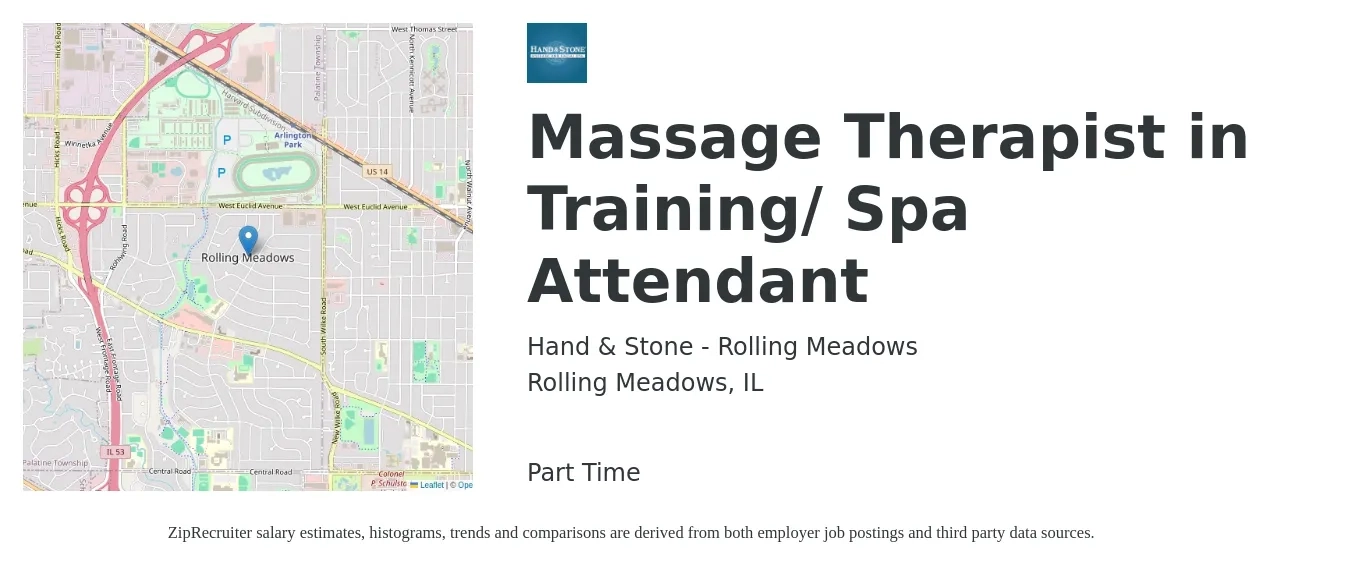 Hand & Stone - Rolling Meadows job posting for a Massage Therapist in Training/ Spa Attendant in Rolling Meadows, IL with a salary of $18 to $32 Hourly with a map of Rolling Meadows location.