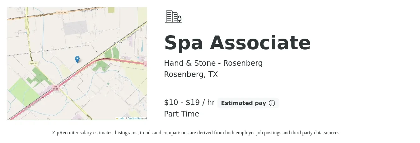 Hand & Stone - Rosenberg job posting for a Spa Associate in Rosenberg, TX with a salary of $11 to $20 Hourly with a map of Rosenberg location.