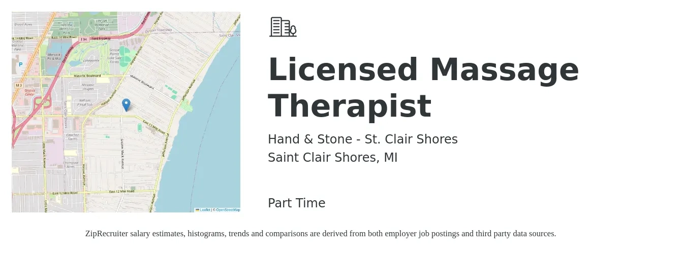 Hand & Stone - St. Clair Shores job posting for a Licensed Massage Therapist in Saint Clair Shores, MI with a salary of $26 to $45 Hourly with a map of Saint Clair Shores location.