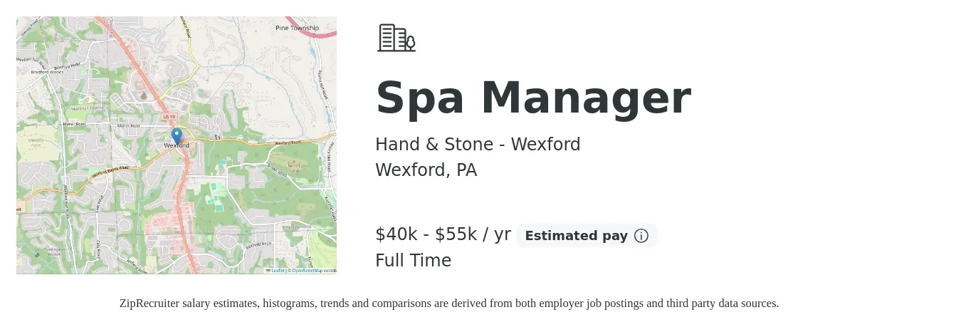 Hand & Stone - Wexford job posting for a Spa Manager in Wexford, PA with a salary of $40,000 to $50,000 Yearly with a map of Wexford location.