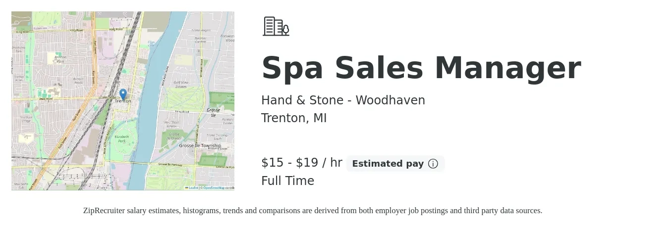 Hand & Stone - Woodhaven job posting for a Spa Sales Manager in Trenton, MI with a salary of $16 to $20 Hourly with a map of Trenton location.