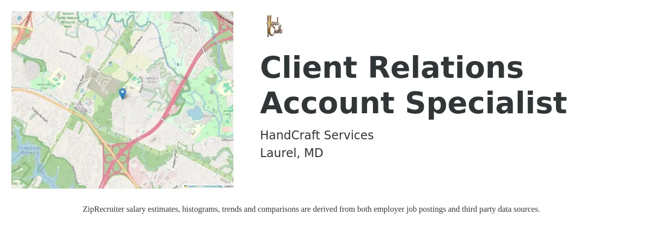 HandCraft Services job posting for a Client Relations Account Specialist in Laurel, MD with a salary of $66,500 Yearly with a map of Laurel location.