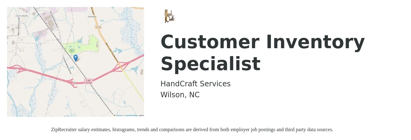 HandCraft Services job posting for a Customer Inventory Specialist in Wilson, NC with a salary of $66,500 Yearly with a map of Wilson location.