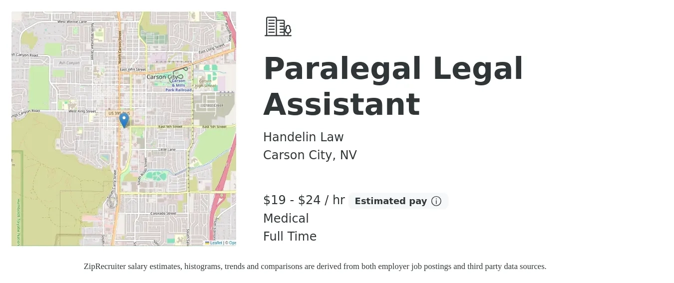 Handelin Law job posting for a Paralegal Legal Assistant in Carson City, NV with a salary of $20 to $25 Hourly and benefits including pto, retirement, and medical with a map of Carson City location.
