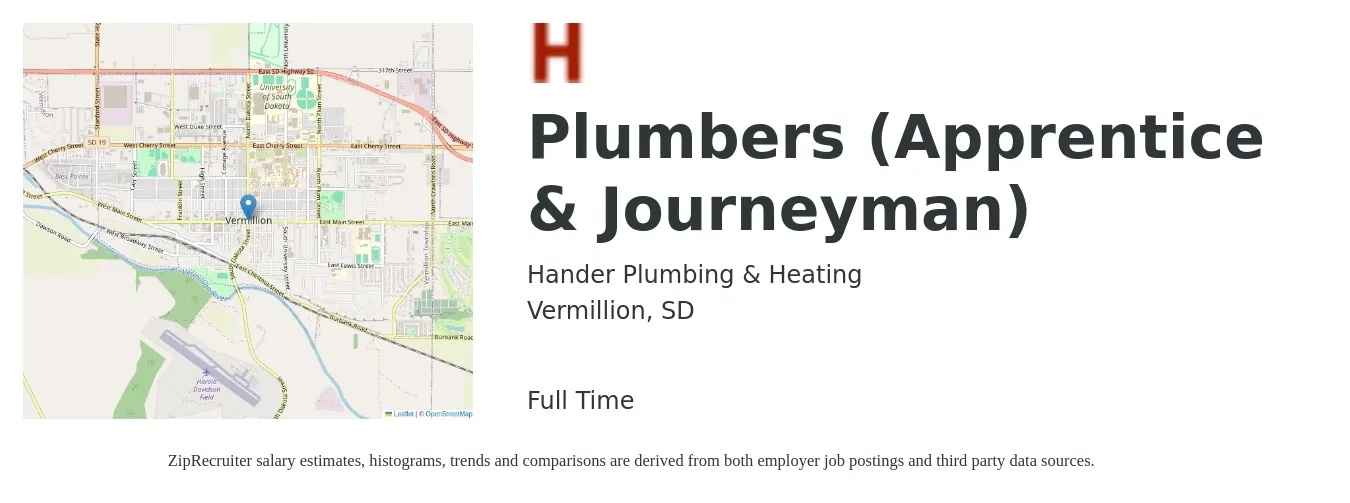 Hander Plumbing & Heating job posting for a Plumbers (Apprentice & Journeyman) in Vermillion, SD with a salary of $24 to $35 Hourly with a map of Vermillion location.