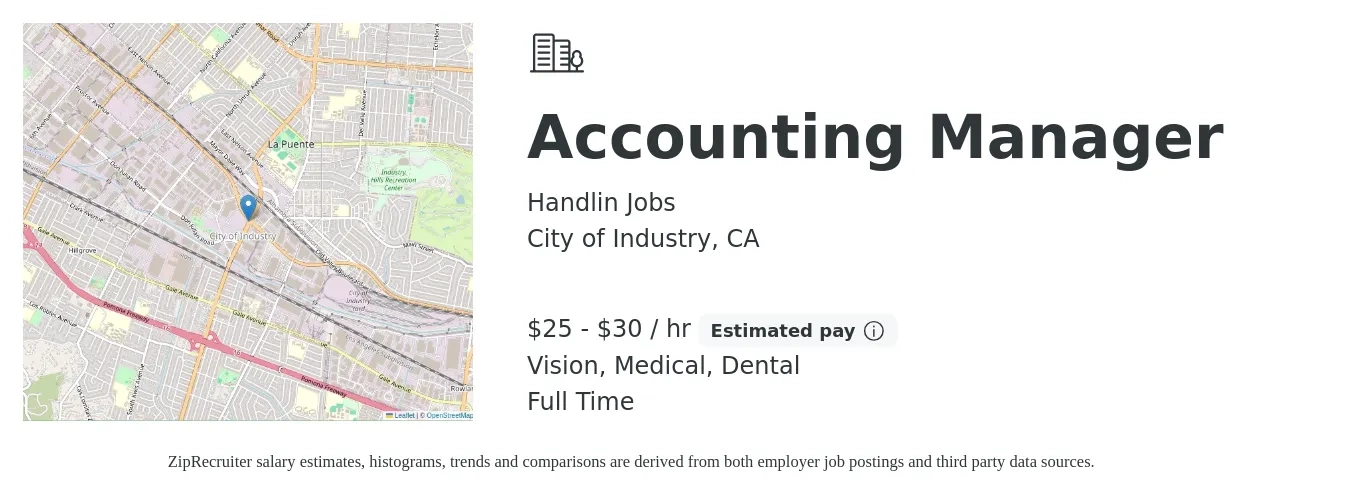 Handlin Jobs job posting for a Accounting Manager in City of Industry, CA with a salary of $27 to $32 Hourly and benefits including dental, life_insurance, medical, pto, retirement, and vision with a map of City of Industry location.