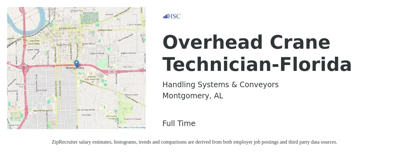 Handling Systems & Conveyors job posting for a Overhead Crane Technician-Florida in Montgomery, AL with a salary of $25 to $32 Hourly with a map of Montgomery location.