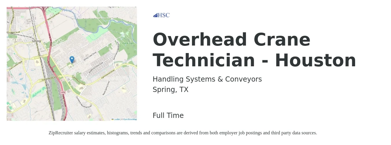 Handling Systems & Conveyors job posting for a Overhead Crane Technician - Houston in Spring, TX with a salary of $27 to $34 Hourly with a map of Spring location.