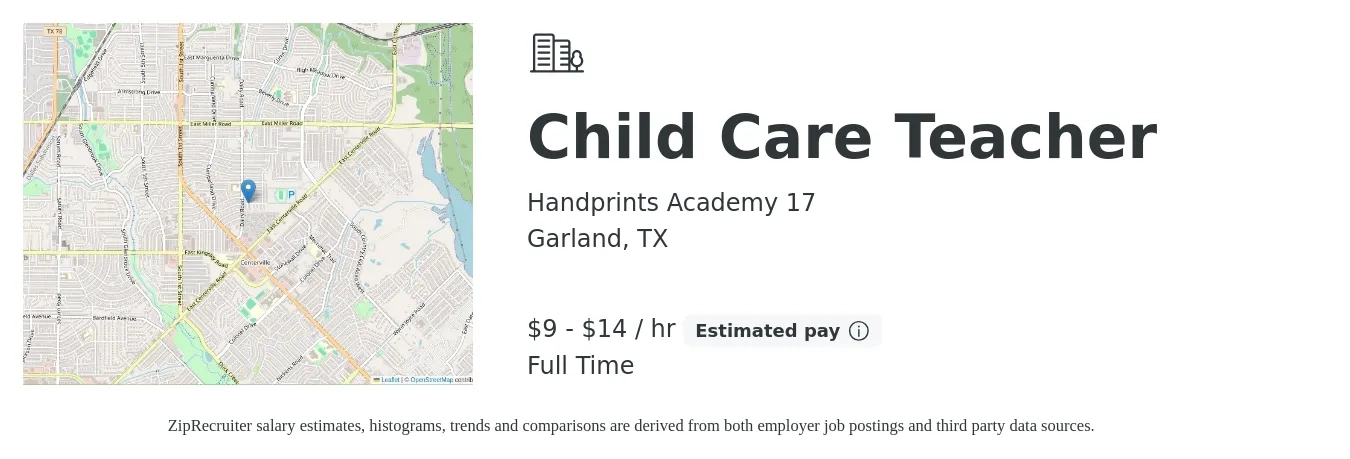 Handprints Academy 17 job posting for a Child Care Teacher in Garland, TX with a salary of $10 to $15 Hourly with a map of Garland location.
