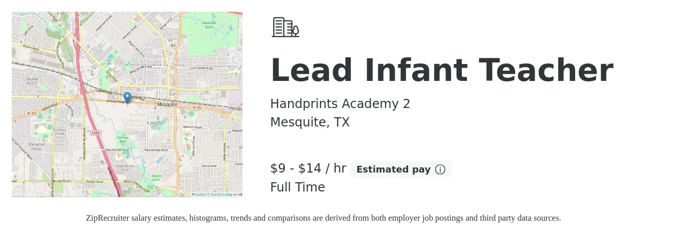 Handprints Academy 2 job posting for a Lead Infant Teacher in Mesquite, TX with a salary of $11 Hourly with a map of Mesquite location.