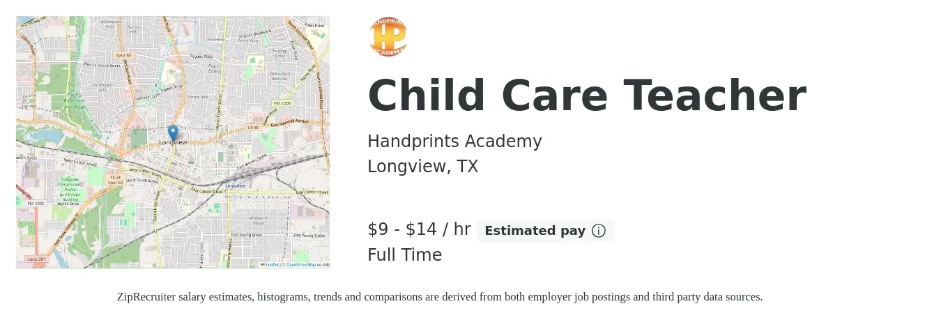 Handprints Academy job posting for a Child Care Teacher in Longview, TX with a salary of $10 to $15 Hourly with a map of Longview location.