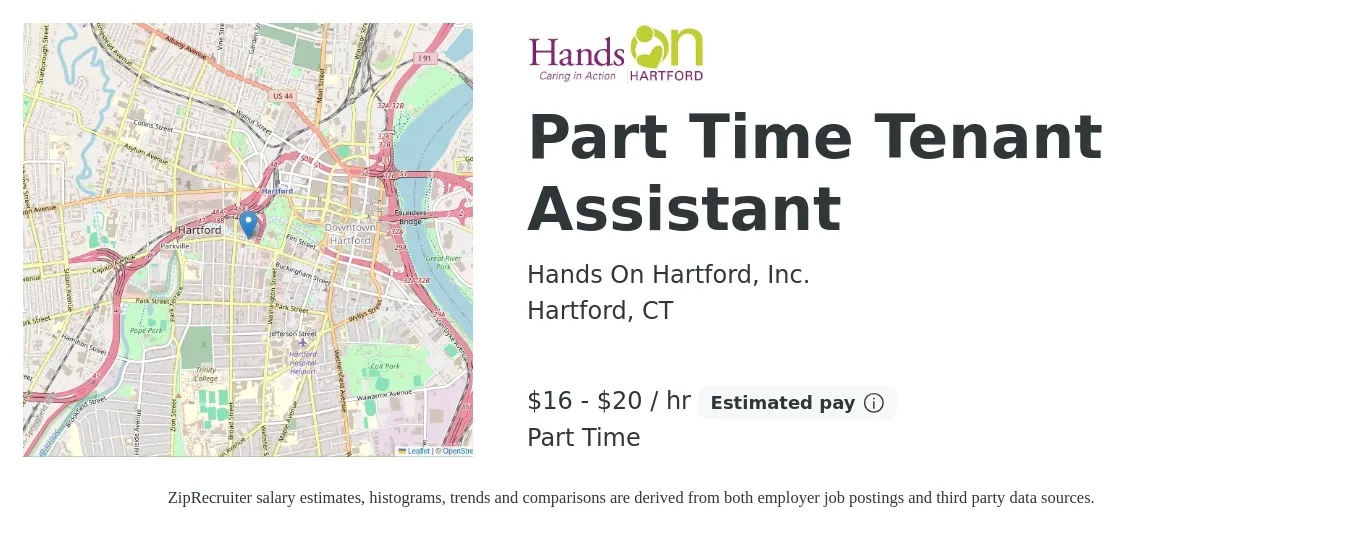 Hands On Hartford, Inc. job posting for a Part Time Tenant Assistant in Hartford, CT with a salary of $17 to $21 Hourly and benefits including pto, and retirement with a map of Hartford location.