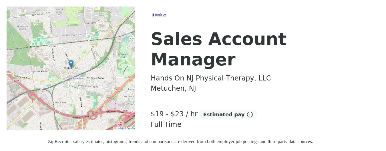 Hands On NJ Physical Therapy, LLC job posting for a Sales Account Manager in Metuchen, NJ with a salary of $20 to $24 Hourly with a map of Metuchen location.