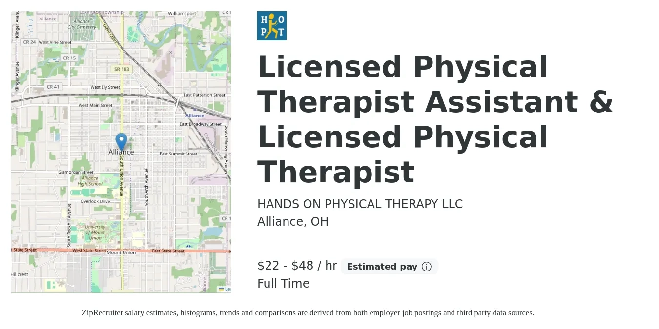 HANDS ON PHYSICAL THERAPY LLC job posting for a Licensed Physical Therapist Assistant & Licensed Physical Therapist in Alliance, OH with a salary of $23 to $50 Hourly with a map of Alliance location.