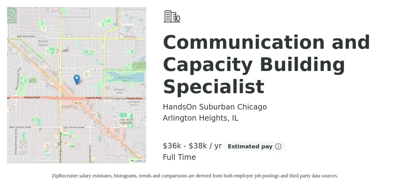 HandsOn Suburban Chicago job posting for a Communication and Capacity Building Specialist in Arlington Heights, IL with a salary of $36,500 to $38,000 Yearly with a map of Arlington Heights location.