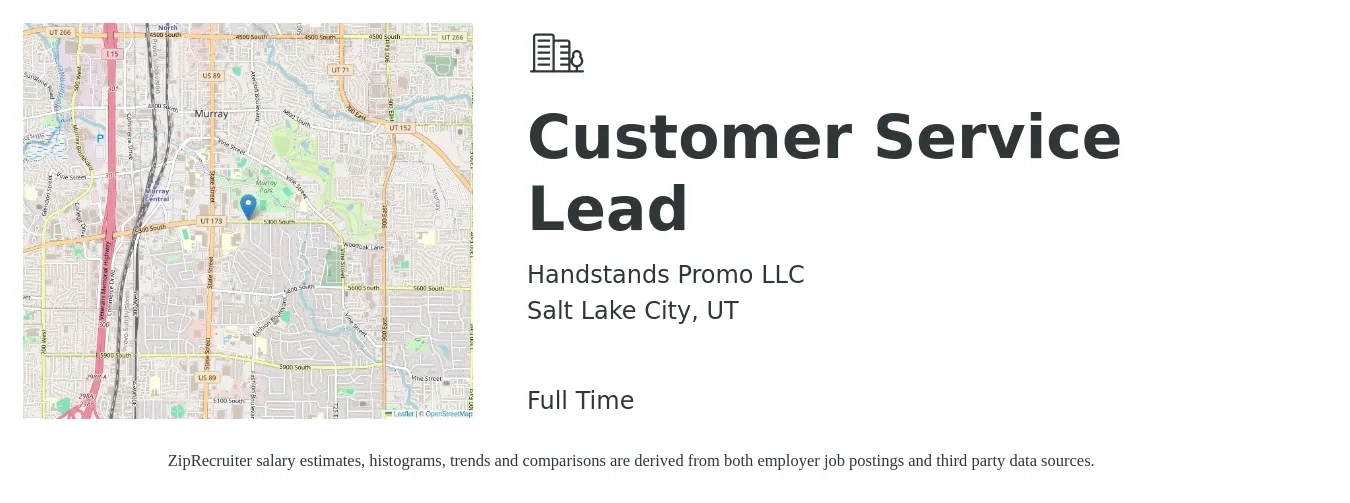 Handstands Promo LLC job posting for a Customer Service Lead in Salt Lake City, UT with a salary of $16 to $24 Hourly with a map of Salt Lake City location.