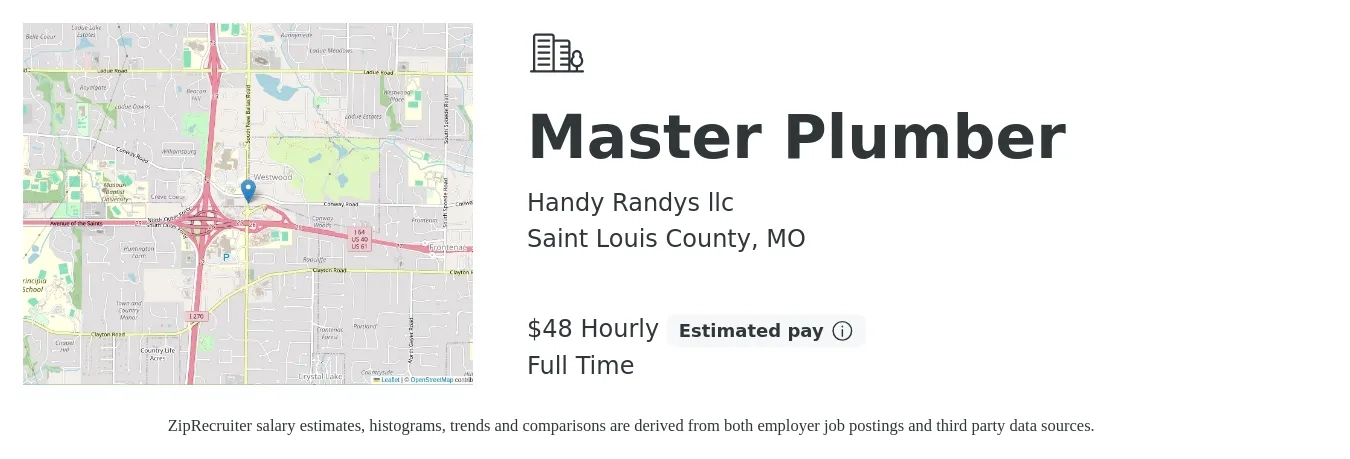 Handy Randys llc job posting for a Master Plumber in Saint Louis County, MO with a salary of $50 Hourly with a map of Saint Louis County location.
