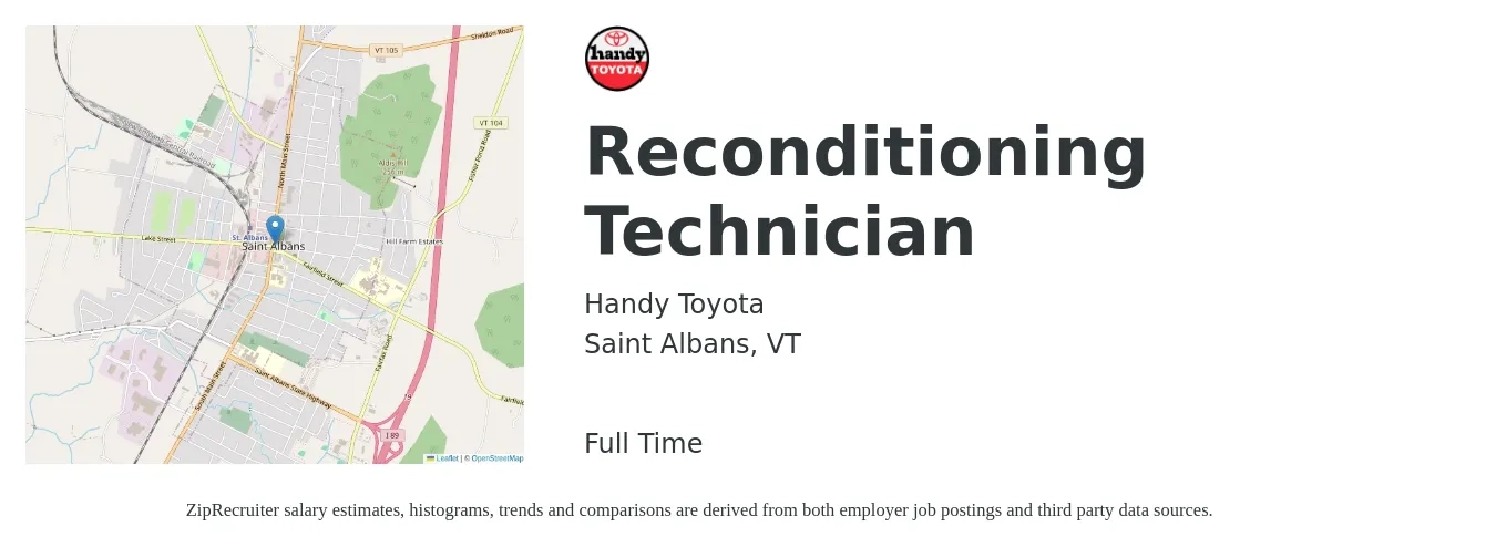 Handy Toyota job posting for a Reconditioning Technician in Saint Albans, VT with a salary of $13 to $18 Hourly with a map of Saint Albans location.