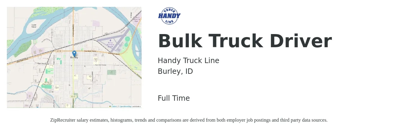 Handy Truck Line job posting for a Bulk Truck Driver in Burley, ID with a salary of $18 to $25 Hourly with a map of Burley location.