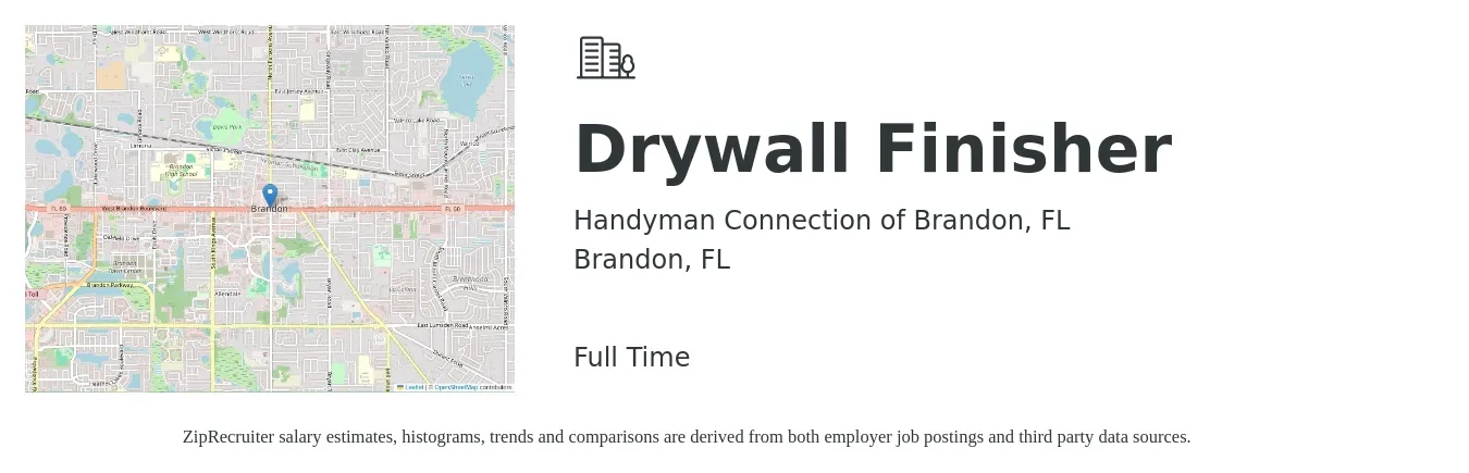 Handyman Connection of Brandon, FL job posting for a Drywall Finisher in Brandon, FL with a salary of $800 to $1,200 Weekly with a map of Brandon location.