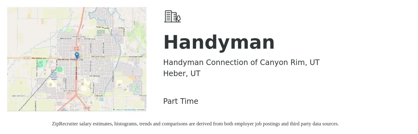 Handyman Connection of Canyon Rim, UT job posting for a Handyman in Heber, UT with a salary of $500 to $750 Weekly with a map of Heber location.