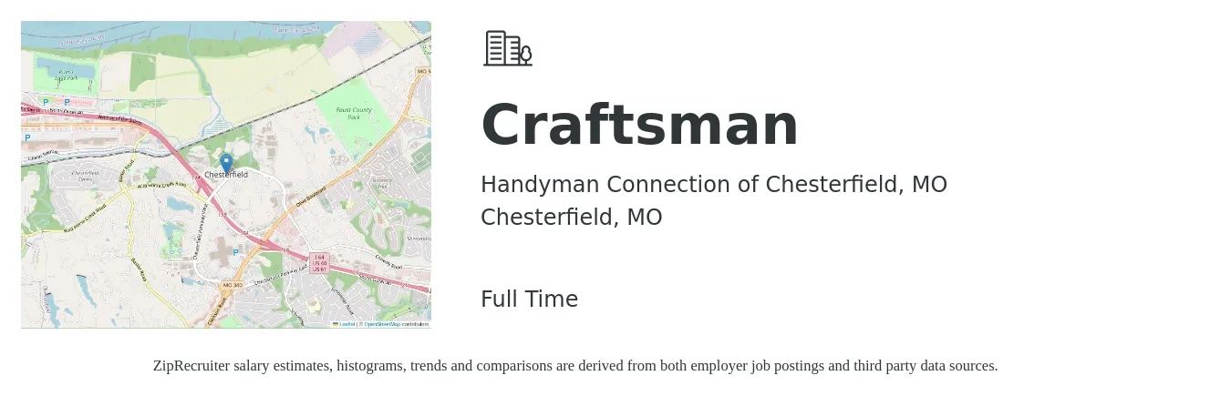 Handyman Connection of Chesterfield, MO job posting for a Craftsman in Chesterfield, MO with a salary of $200 to $2,000 Weekly with a map of Chesterfield location.