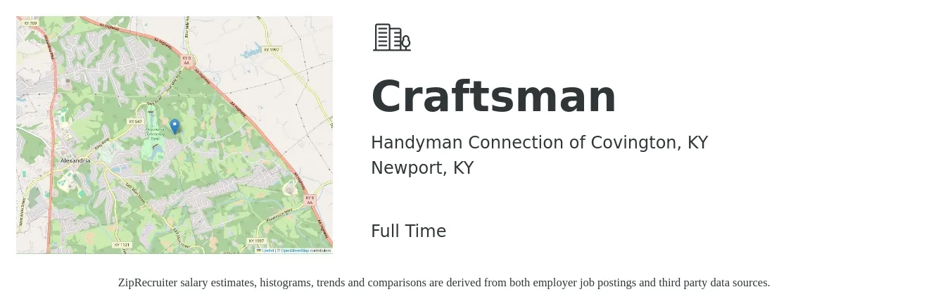 Handyman Connection of Covington, KY job posting for a Craftsman in Newport, KY with a salary of $900 to $1,300 Weekly with a map of Newport location.