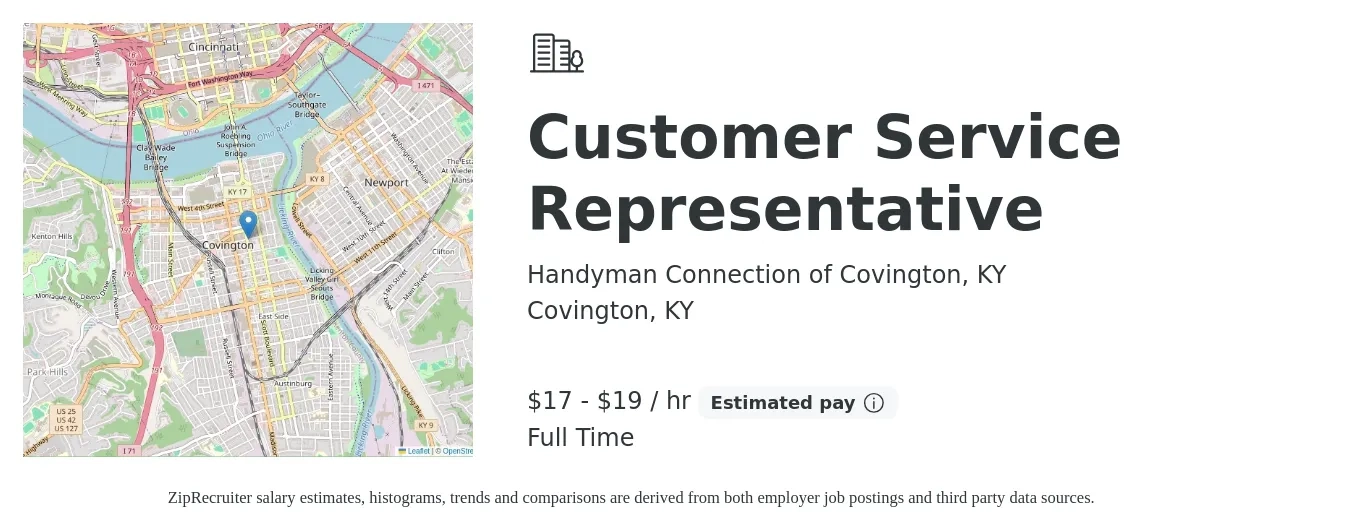 Handyman Connection of Covington, KY job posting for a Customer Service Representative in Covington, KY with a salary of $18 to $20 Hourly with a map of Covington location.