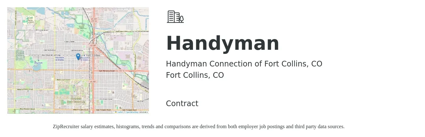 Handyman Connection of Fort Collins, CO job posting for a Handyman in Fort Collins, CO with a salary of $500 to $1,500 Weekly with a map of Fort Collins location.