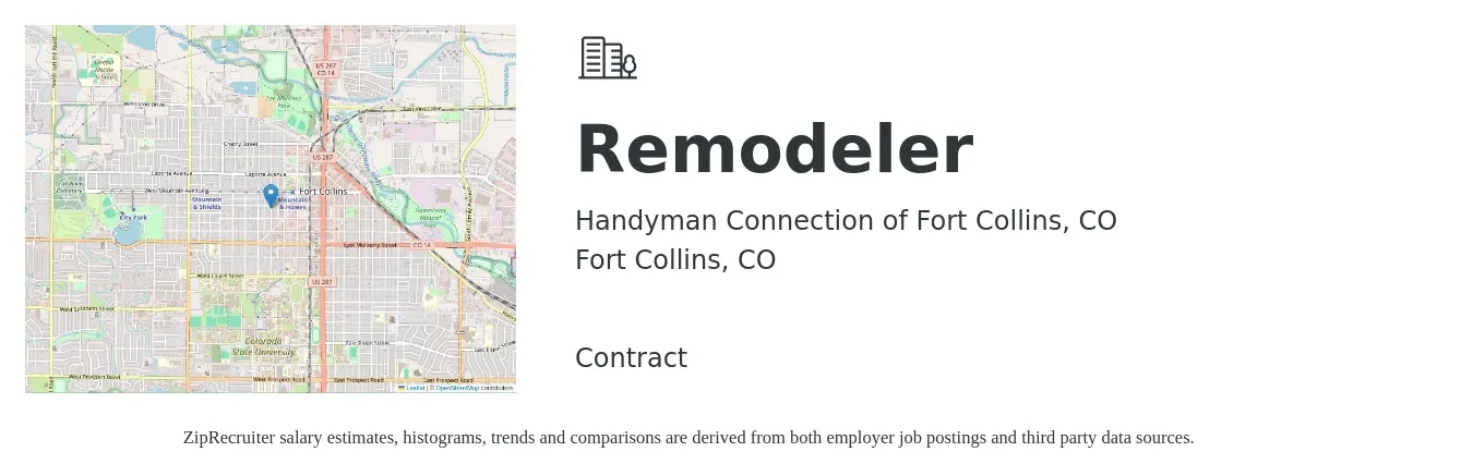 Handyman Connection of Fort Collins, CO job posting for a Remodeler in Fort Collins, CO with a salary of $1,000 to $2,500 Weekly with a map of Fort Collins location.