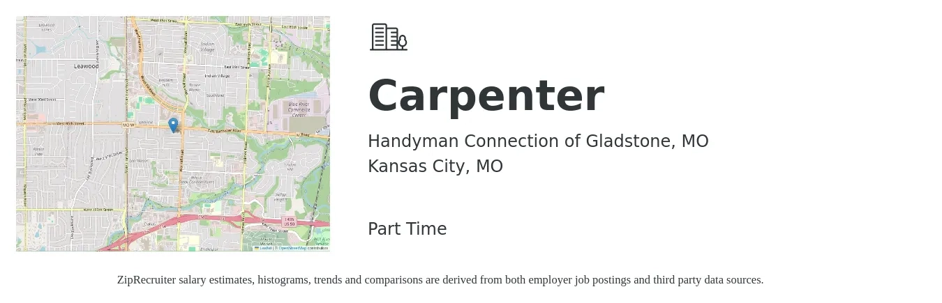 Handyman Connection of Gladstone, MO job posting for a Carpenter in Kansas City, MO with a salary of $800 to $1,200 Weekly with a map of Kansas City location.