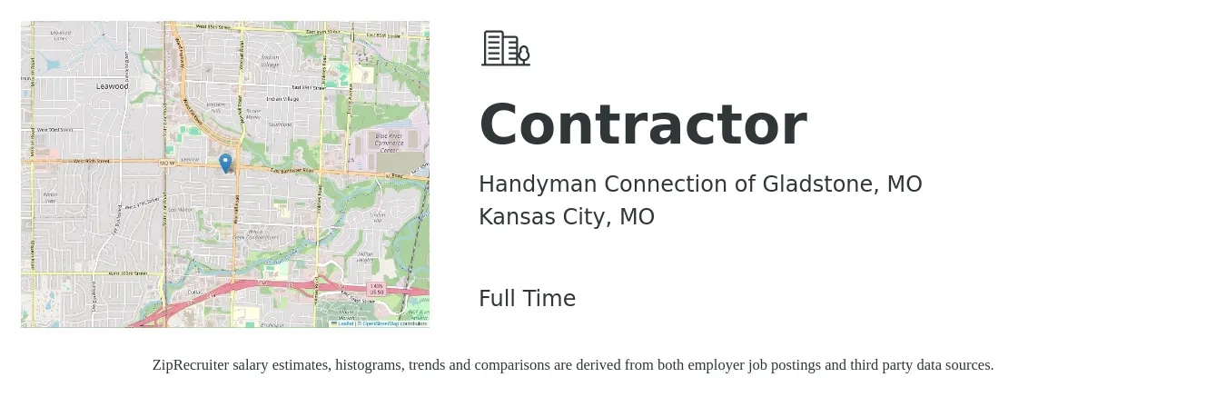 Handyman Connection of Gladstone, MO job posting for a Contractor in Kansas City, MO with a salary of $800 to $1,200 Weekly with a map of Kansas City location.