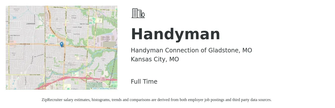 Handyman Connection of Gladstone, MO job posting for a Handyman in Kansas City, MO with a salary of $800 to $1,200 Weekly with a map of Kansas City location.
