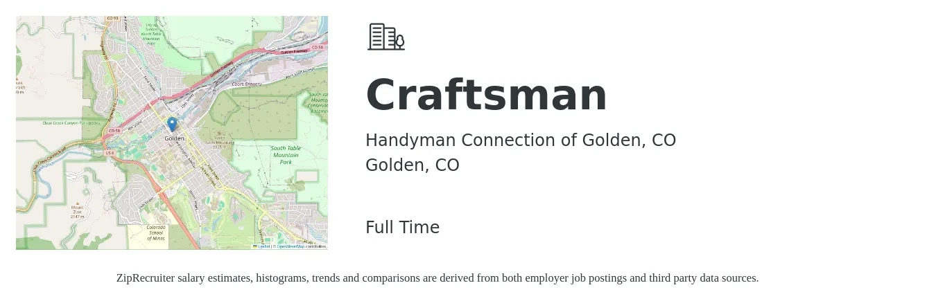 Handyman Connection of Golden, CO job posting for a Craftsman in Golden, CO with a salary of $1,000 to $1,500 Weekly with a map of Golden location.