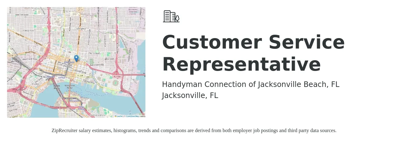 Handyman Connection of Jacksonville Beach, FL job posting for a Customer Service Representative in Jacksonville, FL with a salary of $15 to $20 Hourly with a map of Jacksonville location.